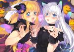  2020 2girls :d air_(visual_novel) alternate_costume animal_ears bare_shoulders bat_(animal) bird black_choker black_dress black_headwear black_nails black_tail black_wrist_cuffs blonde_hair blue_eyes blunt_ends blush bow candy cat_ears cat_tail character_doll choker collarbone commentary_request company_connection crossover crow dated_commentary dress eyelashes eyes_visible_through_hair fake_animal_ears fake_tail flying_sweatdrops food frilled_choker frills fur_cuffs hair_between_eyes hair_bow hair_ornament hairclip halloween halloween_costume hands_up hat hat_bow holding holding_candy holding_food holding_lollipop kamio_misuzu key_(company) kunisaki_yukito lollipop long_hair looking_at_viewer mini_hat multiple_girls nail_polish naruse_shiroha open_mouth paw_pose polka_dot polka_dot_bow ponytail potato_(air) puffy_short_sleeves puffy_sleeves pumpkin pumpkin_hat_ornament purple_bow purple_nails short_sleeves side-by-side sidelocks smile straight_hair summer_pockets tail teeth toujou_sakana upper_body upper_teeth_only very_long_hair white_bow white_hair witch_hat 