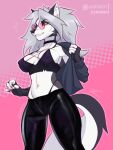  anthro breasts canid canid_demon clothed clothing demon eyewear female fur glasses hellhound helluva_boss hi_res loona_(helluva_boss) mammal simple_background smile solo white_body white_fur zymaani 