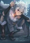  1boy absurdres black_pants boots braid entsu_(10_9) fur-trimmed_boots fur_trim green_eyes grey_hair heterochromia highres japanese_clothes male_focus murakumo_kagetsu nijisanji pants purple_eyes sandals side_braid solo tunic virtual_youtuber 