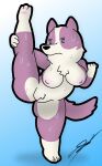  absurd_res anthro blue_eyes bodily_fluids breasts canid canine canis chest_tuft concentration d13w0tt_(artist) dogs_in_space domestic_dog female flexing fur genitals hi_res husky kira_(dogs_in_space) mammal multicolored_body multicolored_fur netflix nipples nordic_sled_dog nude pose purple_body purple_fur pussy simple_background solo spitz sweat tuft two_tone_body two_tone_fur white_body white_fur 