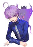  1boy absurdres ahoge binxngchng1 blue_jacket commentary crown ghost highres jacket kokohead_yuma long_sleeves looking_at_viewer male_focus master_detective_archives:_rain_code open_mouth purple_eyes purple_hair shinigami_(rain_code) short_hair simple_background smile upper_body white_background 