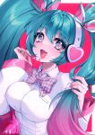 1girl blue_eyes blue_hair blue_nails blush bow bowtie breast_pocket breasts collared_shirt fangs gradient_hair hatsune_miku headphones heart heart-shaped_pupils highres large_breasts lips long_hair long_sleeves multicolored_hair murmoruno open_mouth pink_hair pocket shirt smile solo symbol-shaped_pupils twintails two-tone_hair upper_body vocaloid white_shirt 