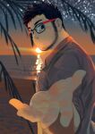  1boy absurdres bara beach beard_stubble beckoning blush boogbogex collared_shirt glasses highres looking_at_viewer male_focus mature_male muscular muscular_male original outstretched_hand reaching reaching_towards_viewer shirt short_hair solo sunset thick_eyebrows turning_head upper_body 