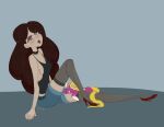  2023 ambiguous_gender blush breasts clothing duo equid equine female female_(lore) feral fluffy_pony footwear hair high_heels human julie_(artist) legwear lipstick long_hair makeup mammal on_leg sitting sitting_on_another sitting_on_ground stockings tail_on_leg 