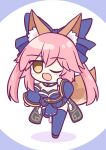  animal_ear_fluff animal_ears bare_shoulders blue_bow blue_kimono blue_thighhighs blush bow breasts chibi cleavage detached_sleeves fate/grand_order fate_(series) fox_ears fox_girl fox_tail hair_ribbon hand_up highres japanese_clothes kashimu kimono large_breasts long_hair one_eye_closed open_mouth pink_hair ribbon saitou_chiwa split_ponytail tail tamamo_(fate) tamamo_no_mae_(fate/extra) thighhighs yellow_eyes 