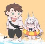  1boy 1girl :i ahoge arms_at_sides azu_(kirara310) bag baggy_pants beach black_bag black_pants blank_eyes brown_hair chibi clothes_grab dragon_girl dragon_horns dragon_tail fanny_pack fate/grand_order fate_(series) forked_eyebrows fujimaru_ritsuka_(male) fujimaru_ritsuka_(male)_(summer_street) gradient_hair green_eyes hand_up highres hood hoodie horns innertube long_hair looking_at_another looking_down melusine_(fate) melusine_(swimsuit_ruler)_(fate) multicolored_hair ocean one-piece_swimsuit open_mouth orange_shirt outdoors pants sand shirt shoes short_hair short_sleeves signature sleeve_grab smile standing striped_innertube sweatdrop swimsuit tail watch water white_footwear white_hair white_hoodie white_one-piece_swimsuit wristwatch yellow_innertube 
