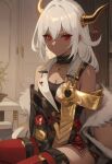  absurd_res ambiguous_gender animal_humanoid clothed clothing dark_body dark_skin dragon dragon_humanoid eastern_dragon girly gynomorph hair hi_res human humanoid intersex kirageheit looking_at_viewer male mammal partially_clothed red_eyes solo transformation white_hair 