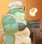  2023 amphibia_(series) amphibian anthro apron belly big_belly bulge butt chef_hat clothing cooking disney frog green_body hat haxsmack headgear headwear hi_res kitchen male overweight overweight_male scar solo stumpy_stumpson 