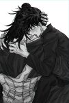  2boys biting black_hair blush closed_eyes fushiguro_megumi fushirun_rung getou_suguru hair_bun hand_on_another&#039;s_head highres japanese_clothes jujutsu_kaisen kesa kimono korean_commentary long_hair long_sleeves male_focus monochrome multiple_boys neck_biting pants short_hair single_hair_bun sitting spiked_hair sweatdrop wide_sleeves yaoi 