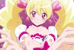  1girl blonde_hair breasts choker cleavage closed_mouth collarbone cure_peach earrings fresh_precure! fuchi_(nightmare) hair_ornament heart heart_earrings heart_hair_ornament jewelry large_breasts long_hair looking_at_viewer magical_girl momozono_love pink_choker pink_eyes precure puffy_short_sleeves puffy_sleeves short_sleeves smile solo twintails 