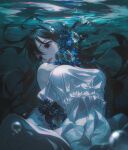  1girl air_bubble andi_1021 antenna_hair black_flower black_hair bubble dress expressionless flower hair_between_eyes long_hair looking_to_the_side original pale_skin parted_lips red_eyes sidelocks sleeveless sleeveless_dress solo underwater water white_dress 