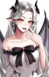  1girl :d absurdres bare_shoulders black_bow bow character_request commentary_request copyright_request earrings grey_hair highres horns jewelry long_hair long_sleeves looking_at_viewer off-shoulder_shirt off_shoulder open_mouth orange_eyes pointy_ears pyeong-il_pyeongil shirt shirt_bow smile solo upper_body very_long_hair white_background white_shirt wings 