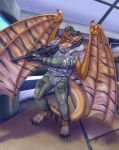  absurd_res anthro claws clothed clothing digital_media_(artwork) dragon escape_from_tarkov gun hi_res horn male military prometheuzone ranged_weapon rifle scalie simple_background solo weapon winged_dragon 