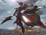  1girl ace_combat adler artist_name axe battle battle_axe brown_hair cloud cloudy_sky fire highres holding holding_weapon landscape looking_at_viewer looking_back mecha_musume red_armor science_fiction sky smile smoke solo tom-neko_(zamudo_akiyuki) weapon yellow_eyes 