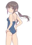  1girl alternate_hairstyle ass bare_arms bare_legs bare_shoulders black_hair blue_one-piece_swimsuit breasts broken competition_school_swimsuit from_behind hair_ornament hairclip hands_on_own_hips highres light_blush long_hair looking_at_viewer looking_back low_twintails medium_breasts multicolored_hair one-piece_swimsuit onii-chan_wa_oshimai! oyama_mihari purple_hair saiste school_swimsuit shoulder_blades simple_background solo streaked_hair swimsuit twintails two-tone_hair white_background 