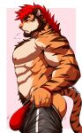 1boy abs absurdres ass ass_lift bara beard blush bouncing_bulge bulge bulge_lift chest_hair chest_tuft dressing drks facial_hair feet_out_of_frame from_side furry furry_male highres i&#039;ve_never_seen_a_guy_recreate_this_successfully_tbh_(meme) jewelry large_bulge large_pectorals long_hair male_focus male_underwear mature_male meme motion_lines muscular muscular_male navel navel_hair necklace nipples open_pants original pants pants_lift pectorals red_hair red_male_underwear sigh solo stomach tail thick_eyebrows tiger_boy tiger_tail topless_male track_pants undersized_clothes underwear 