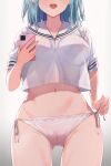  1girl akino_komichi ass_visible_through_thighs blue_hair breasts cellphone covered_nipples gradient_background grey_background head_out_of_frame holding holding_phone medium_breasts navel open_mouth original panties phone sailor_collar shirt short_hair short_sleeves side-tie_panties solo underwear white_panties white_sailor_collar white_shirt 