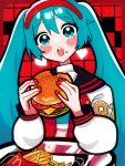  1girl :o absurdres aqua_eyes aqua_hair blue_eyes blue_hair blush burger casual checkered_background crop_top earrings food food_bite food_on_face french_fries glass_table hair_between_eyes hair_ornament hairband halftone hatsune_miku heart heart_earrings highres holding holding_food jacket jewelry letterman_jacket long_hair looking_at_viewer mcdonald&#039;s midriff open_mouth red_hairband red_nails shirt simple_background solo sugarmonaka table twintails very_long_hair vocaloid 