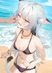  1girl 1other animal_ear_fluff animal_ears bare_shoulders beach bell bikini black_bikini blue_sky blush breasts breasts_apart cat_ears cat_tail cheek_pinching cheek_pull clenched_hand cloud collar commentary_request commission cowboy_shot day fang fingernails grey_hair highres horizon jingle_bell long_fingernails long_hair looking_afar looking_ahead medium_breasts multi-strapped_bikini_bottom navel neck_bell ocean one_eye_closed original outdoors parted_lips pinching red_collar red_eyes red_nails sand skeb_commission sky solo_focus subachi sweatdrop swimsuit tail v-shaped_eyebrows water wristband 