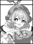  1girl animal_ears bird_ears bird_wings collared_shirt dress earrings fingernails greyscale hair_between_eyes hat jewelry long_fingernails long_sleeves monochrome mystia_lorelei onkn_sxkn open_mouth sharp_fingernails shirt short_hair smile solo touhou upper_body winged_hat wings 