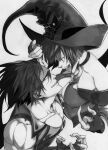  1boy 1girl :p bare_shoulders breasts cleavage fingerless_gloves forehead_protector gloves guilty_gear guilty_gear_xx hat headband highres i-no lamp9229 large_breasts long_hair looking_at_another mole mole_above_mouth monochrome muscular muscular_male pectorals ponytail short_hair sol_badguy spiked_hair sunglasses tinted_eyewear tongue tongue_out witch_hat 