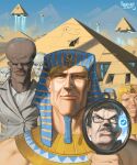  1girl 6+boys alien artist_name blonde_hair blue_sky dark-skinned_male dark_skin egyptian_clothes flying_pyramid glasses highres hindsart holding holding_mirror looking_at_viewer mirror multiple_boys original outdoors pyramid_(structure) reflection sky watermark web_address yakub 