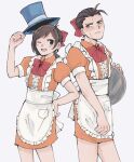  1boy 1girl ;d ace_attorney antenna_hair apollo_justice apron arm_up back_bow blue_eyes blue_headwear blush bow bowtie brother_and_sister brown_hair buttons center_frills closed_mouth collared_dress cowboy_shot crossdressing dress dress_tug earrings embarrassed frilled_apron frills hair_bow hand_on_own_hip hat hat_tip highres holding holding_tray jewelry kiro_iroiro looking_at_viewer lower_teeth_only maid maid_apron male_maid medium_hair one_eye_closed open_mouth orange_dress pocket puffy_short_sleeves puffy_sleeves red_bow red_bowtie short_dress short_hair short_sleeves siblings simple_background smile swept_bangs teeth top_hat tray tres_bien_maid_uniform trucy_wright white_apron white_background white_bow 