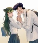  1boy 1girl backpack bag bandage_on_face bandaged_arm bandages blue_eyes blush breasts diamond_wa_kudakenai earrings genderswap genderswap_(mtf) green_eyes green_hair green_nails hands_on_another&#039;s_face headband hetero higashikata_josuke highres holding_another&#039;s_wrist jewelry jojo_no_kimyou_na_bouken kishibe_rohan long_hair long_sleeves looking_at_another looking_away medium_breasts pants polina29297783 pompadour purple_hair school_uniform shirt sigh skirt very_long_hair white_shirt 