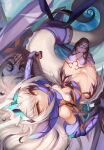  1girl bare_shoulders bikini black_thighhighs blue_gloves breasts detached_collar dragon_tail dragon_wings elbow_gloves fate/grand_order fate_(series) forked_eyebrows gloves goggles goggles_on_head highres horns long_hair looking_at_viewer m0_chi mechanical_wings melusine_(fate) melusine_(swimsuit_ruler)_(fate) navel sidelocks small_breasts smile solo swimsuit tail thighhighs thighlet thighs white_bikini white_hair wings yellow_eyes 