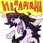  alpha_channel ambiguous_gender anthro black_body black_fur canid canine fur guncht hair headshot_portrait icon laugh mammal portrait purple_hair simple_background solo text transparent_background 