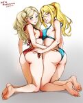  2girls artist_name ass ass_grab barefoot bikini blonde_hair blue_bikini blue_eyes blush breast_press breasts closed_mouth dated english_commentary feet full_body highres legs long_hair looking_at_viewer looking_to_the_side medium_breasts metroid mina_cream multiple_girls persona persona_5 red_bikini samus_aran sideboob smile soles string_bikini swimsuit symmetrical_docking takamaki_anne toes twintails yuri 