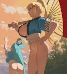  2girls alternate_costume aqua_(konosuba) arm_up ass blonde_hair blue_eyes blue_hair breasts cloud darkness_(konosuba) evening fundoshi hair_ornament hair_rings hand_on_own_hip highres holding huge_breasts japanese_clothes kono_subarashii_sekai_ni_shukufuku_wo! long_hair multiple_girls niwatori5948 outdoors ponytail single_hair_ring sky smile standing x_hair_ornament 