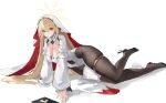  1girl azur_lane black_pantyhose blonde_hair book breasts cleavage cleavage_cutout clothing_cutout full_body highres kersaint_(azur_lane) large_breasts long_hair long_sleeves looking_at_viewer lump_saury lying navel_cutout on_side pantyhose pelvic_curtain puffy_sleeves red_eyes simple_background skindentation solo thigh_strap very_long_hair white_background white_veil 