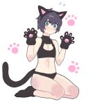  1boy animal_ears animal_hands bare_shoulders black_panties blush cat_cutout cat_ears cat_tail closed_mouth clothing_cutout crop_top fake_animal_ears flying_sweatdrops full_body gloves green_eyes looking_at_viewer male_focus original otoko_no_ko panties paw_gloves seiza short_hair sitting spicybeef tail underwear white_background 