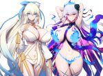  2girls armpits arms_behind_head arms_up bare_shoulders bikini blue_eyes blue_fire blue_hair blush body_markings bracelet braid breasts cleavage colored_inner_hair detached_sleeves earrings fate/grand_order fate_(series) fire flower french_braid gold_trim gradient_hair grin hair_flower hair_ornament hair_ribbon highres jewelry kama_(fate) kama_(swimsuit_avenger)_(fate) kama_(swimsuit_avenger)_(third_ascension)_(fate) large_breasts long_hair long_sleeves looking_at_viewer morgan_le_fay_(fate) morgan_le_fay_(water_princess)_(fate) multicolored_hair multiple_girls navel ponytail puffy_long_sleeves puffy_sleeves red_eyes revealing_clothes ribbon shiroshisu sidelocks smile star_(symbol) star_earrings swimsuit thighs twin_braids two-tone_hair very_long_hair white_bikini white_hair 