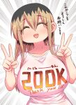  1girl ^_^ black_hair blonde_hair blush breasts closed_eyes clothes_writing commentary double_v highres kinjo_no_hito_no_nakimushi large_breasts long_hair milestone_celebration multicolored_hair numbered ochiai_(kinjo_no_hito_no_nakimushi) open_mouth shirt sidelocks smile t-shirt thank_you translated two-tone_hair upper_body v white_shirt zyugoya 