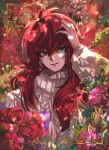  1boy alternate_costume androgynous artist_name blurry bokeh bouquet chromatic_aberration closed_mouth depth_of_field earrings floral_background flower green_eyes hair_between_eyes hand_on_own_head head_tilt highres holding holding_bouquet jewelry kurama_(yu_yu_hakusho) leaf long_hair long_sleeves looking_at_viewer male_focus miyukiko red_flower red_hair red_rose rose signature smile solo sweater turtleneck yu_yu_hakusho 