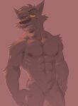  2023 5_fingers abs anthro arm_tuft canid canine canis cheek_tuft digital_drawing_(artwork) digital_media_(artwork) e-w01f elbow_tuft eyebrows facial_tuft fingers front_view fur half-closed_eyes hands_on_legs hands_on_thighs head_tuft hi_res looking_at_viewer male mammal monotone_body monotone_fur muscular muscular_anthro muscular_arms muscular_male narrowed_eyes navel nipples nude pecs portrait raised_eyebrow red_background red_body red_fur red_nipples shoulder_tuft signature simple_background smile smirk solo three-quarter_portrait toony tuft whiskers wolf yellow_sclera 