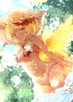  1girl besuteia bikini bird_wings black_bikini blonde_hair blue_sky blush breasts brown_headwear cleavage commentary_request dutch_angle hat highres multicolored_hair navel niwatari_kutaka open_mouth outdoors red_hair sky small_breasts solo straw_hat swimsuit touhou two-tone_hair wading wings yellow_eyes yellow_wings 