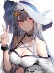  1girl absurdres arknights breasts cleavage collarbone eyewear_on_head grey_hair hair_between_eyes hat highres large_breasts light_smile long_hair looking_at_viewer official_alternate_costume parted_lips red_eyes simple_background skadi_(arknights) skadi_(waverider)_(arknights) smile solo sunglasses tab_head upper_body v white_background white_headwear 