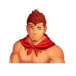  1boy bara ear_piercing earrings facial_hair gyee highres itto_(mentaiko) jewelry kong_(gyee) large_pectorals looking_to_the_side male_focus manly mature_male muscular muscular_male nipples pectorals piercing red_eyes red_hair sad scarf spiked_hair sprite stubble sweat sweatdrop thick_eyebrows topless_male upper_body 