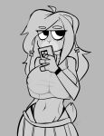  2023 4_fingers absurd_res anthro big_breasts bottomwear breasts buxy cellphone clothed clothing curvy_figure digital_drawing_(artwork) digital_media_(artwork) female fingers front_view fur hair hi_res holding_cellphone holding_object holding_phone lagomorph leporid long_ears looking_aside mammal midriff mouth_obstructed navel nipple_outline phone piercing portrait rabbit scut_tail short_tail simple_background skirt solo tail thong translucent translucent_clothing translucent_topwear underwear 