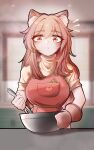 1girl animal_ear_fluff animal_ears apron arknights bowl commentary_request eyelashes gravel_(arknights) han_han_xiao_leng highres holding holding_bowl indoors long_hair looking_at_viewer oven_mitts pink_apron pink_eyes pink_hair shirt short_sleeves solo upper_body very_long_hair 