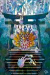  1other bush digimon digimon_(creature) highres kitsune kyubimon kyuubi looking_at_viewer multiple_tails on_stairs outdoors signature solo stairs stone_stairs tail torii yam_retsu yin_yang 