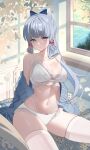  1girl absurdres aqua74286 bare_shoulders blunt_bangs bra breasts cleavage collarbone commentary_request genshin_impact grey_eyes grey_hair highres indoors kamisato_ayaka large_breasts long_hair looking_at_viewer navel off_shoulder panties sitting skindentation solo stomach thighhighs thighs underwear very_long_hair white_bra white_panties white_thighhighs window 