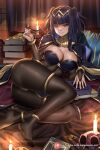  1girl anklet ass bangle black_cape black_hair blunt_bangs bodystocking book bracelet breasts bridal_gauntlets candle cape circlet cleavage closed_mouth enma_(enmanuelart) fire_emblem fire_emblem_awakening gold_trim highres jewelry large_breasts long_hair looking_at_viewer lying on_side sidelocks smile solo tharja_(fire_emblem) thighlet tiara two_side_up 