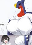  absurd_res anthro big_breasts black_hair breasts clothing female garchomp generation_4_pokemon hair hi_res huge_breasts larger_female male menyang nintendo pokemon pokemon_(species) shirt size_difference topwear 