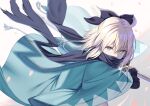  1girl ahoge blonde_hair bow drawing_sword fate/grand_order fate_(series) grey_eyes hair_bow haori holding holding_sword holding_weapon japanese_clothes kanikou katana okita_souji_(fate) okita_souji_(koha-ace) petals scarf short_ponytail sword weapon wide_sleeves 