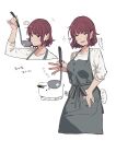  1girl apron breasts cevio closed_eyes cooking_pot cropped_torso facing_viewer frown highres holding holding_ladle ladle mole mole_under_eye multiple_views natsuki_karin open_mouth shirt short_hair sidelocks sleeves_rolled_up small_breasts smile speech_bubble synthesizer_v tasting teshima_nari translation_request upper_body white_shirt 