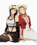 2girls ^_^ aerith_gainsborough bare_shoulders black_choker black_hair black_thighhighs braid choker closed_eyes closed_mouth commission crop_top cropped_jacket dress earrings english_text final_fantasy final_fantasy_vii final_fantasy_vii_remake fingerless_gloves flower gloves hand_on_own_thigh head_wreath highres holding_hands jacket jewelry light_brown_hair lily_(flower) long_hair looking_at_another multiple_girls necklace red_jacket simple_background sitting skirt smile suspender_skirt suspenders tank_top thighhighs tifa_lockhart white_background white_dress white_flower white_skirt white_tank_top ylceon yuri 